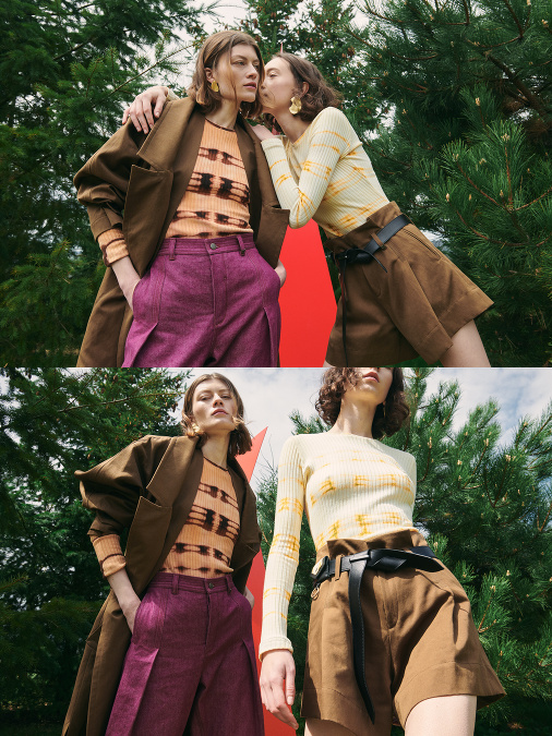 I keď je základom palety celej rady hlavne off-white biela farba, celú kolekciu sedemnástich outfitov dopĺňajú odtiene fuchsiovej, hnedej, zelenej a žltej farby