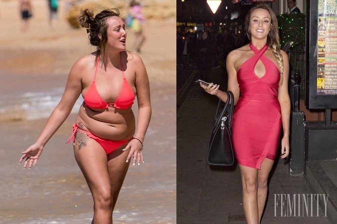 Britská kráska Charlotte Crosby (vpravo) vyzerala len pred polrokom (vľavo) na nepoznanie