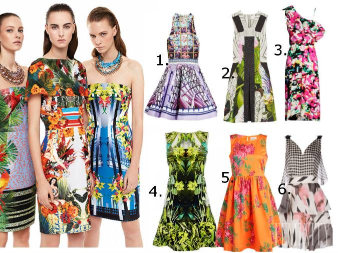 Vľavo PINKO, 1. Mary Katrantzou, 2. Peter Pilotto, 3. H&M, 4. Karen Millen, 5. Lindex, 6. Delpozo