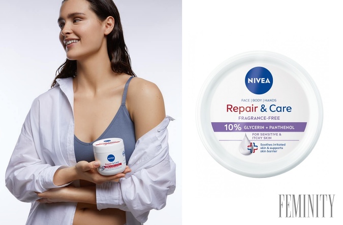 Jemné zloženie NIVEA krému Repair & Care pre citlivú pokožku obsahuje 10 % glycerínu, pantenol a je bez parfumácie